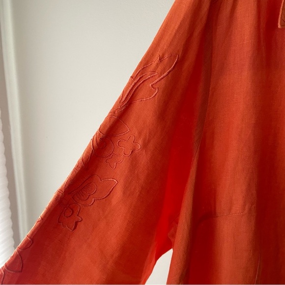Edward Irish Linen Orange Embroidered 100% Linen Button Down Top Shirt Plus Size - Picture 9 of 10